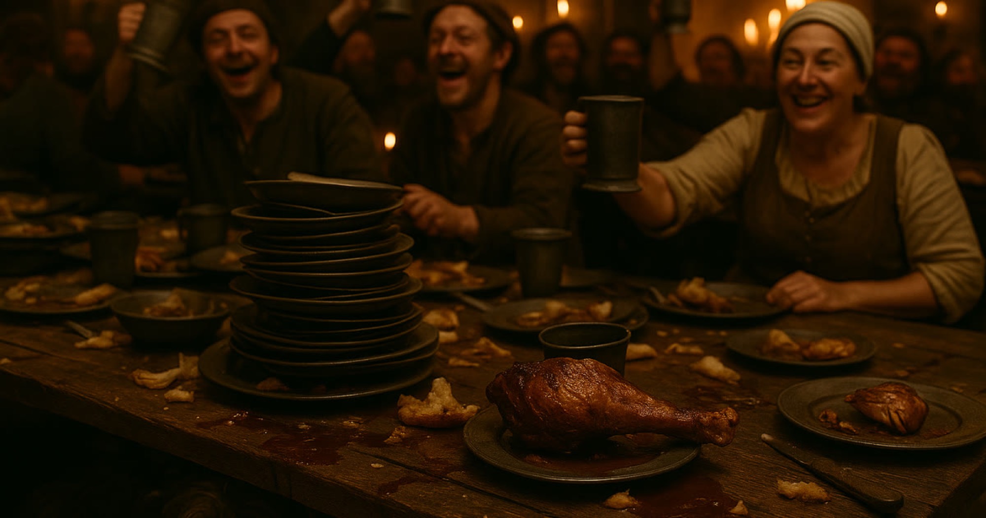 The Feast — Medieval Great Hall, candlelight, full table